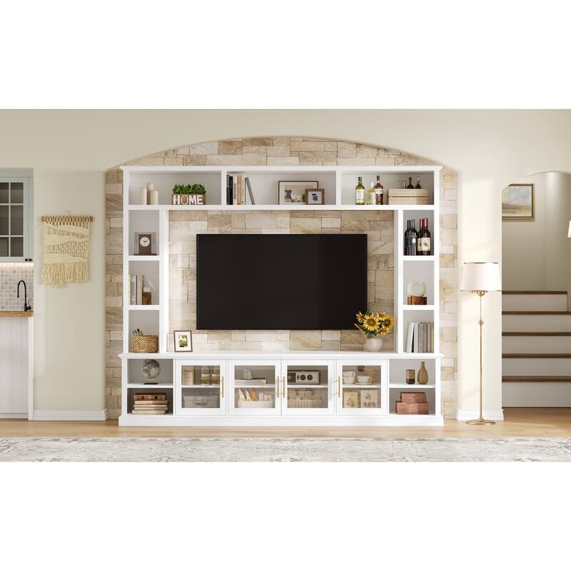 Entertainment Center Wall Unit for TVs up to 80", All-in-One TV Stand Glass Doors Storage Cabinet Bookcase Wine Rack