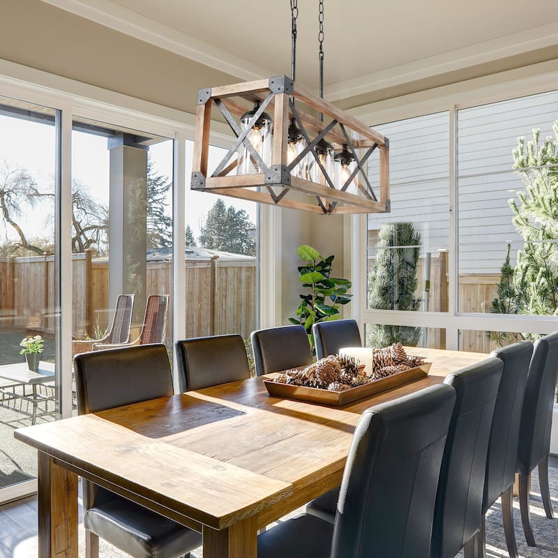Modern Farmhouse 4-Light Wood Cage Chandelier Glass Shade Kitchen Island Lights - Taupe - L27.5"xW10"xH80.5"
