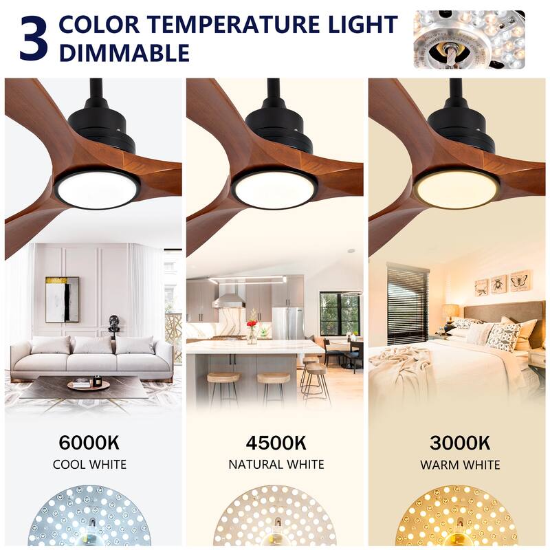 52 Inch Modern Black Ceiling Fan With Light 3 Solid Wood Blades Remote Control Reversible DC Motor With Dimmable LED