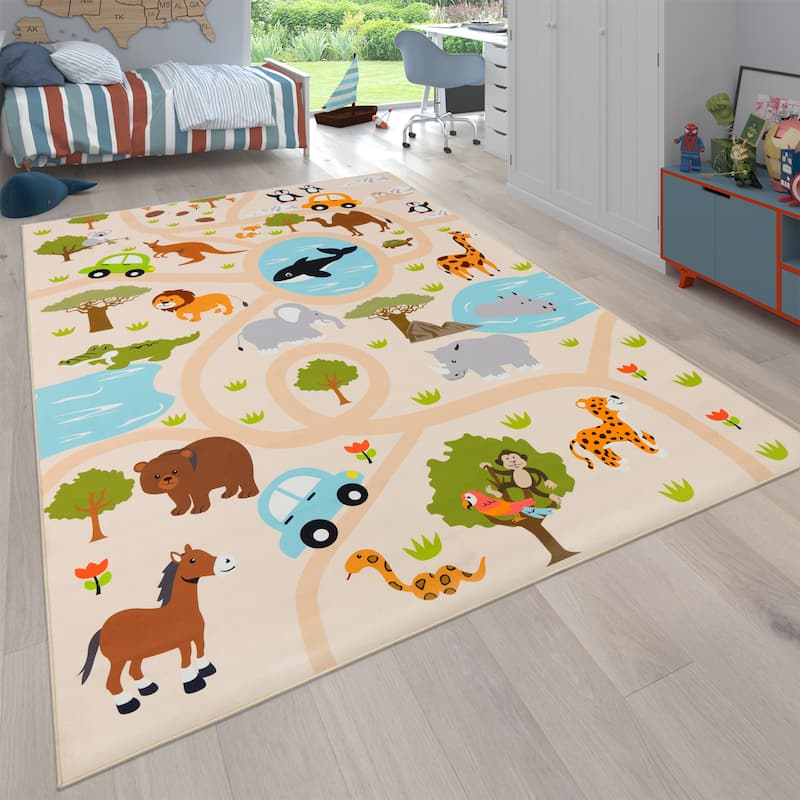 Kids Rug Wild Animals Play Mat in Beige Multicolor - 4'7" x 6'7"