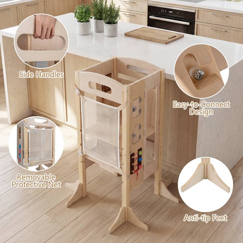 Gymax Foldable Toddler Step Stool Wooden Kitchen Standing Tower w/ - Natural