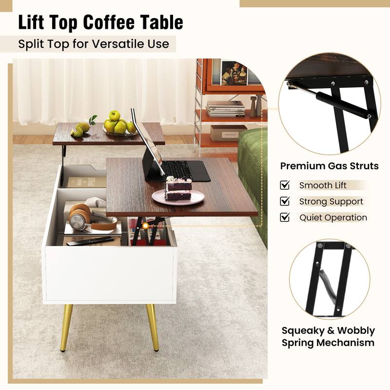 Gymax Lift Top Coffee Table w/ Split Top & 2 Hidden Compartments