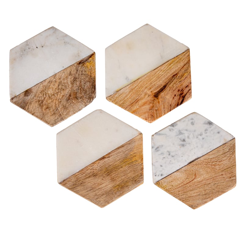 Marble & Mango Wood Hexagon Coasters - 4.0"L x 4.0"W x 0.5"H