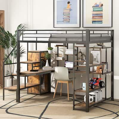 Black Full Size Metal Loft Bed with Storage Staircase, Small Wardrobe, and Desk