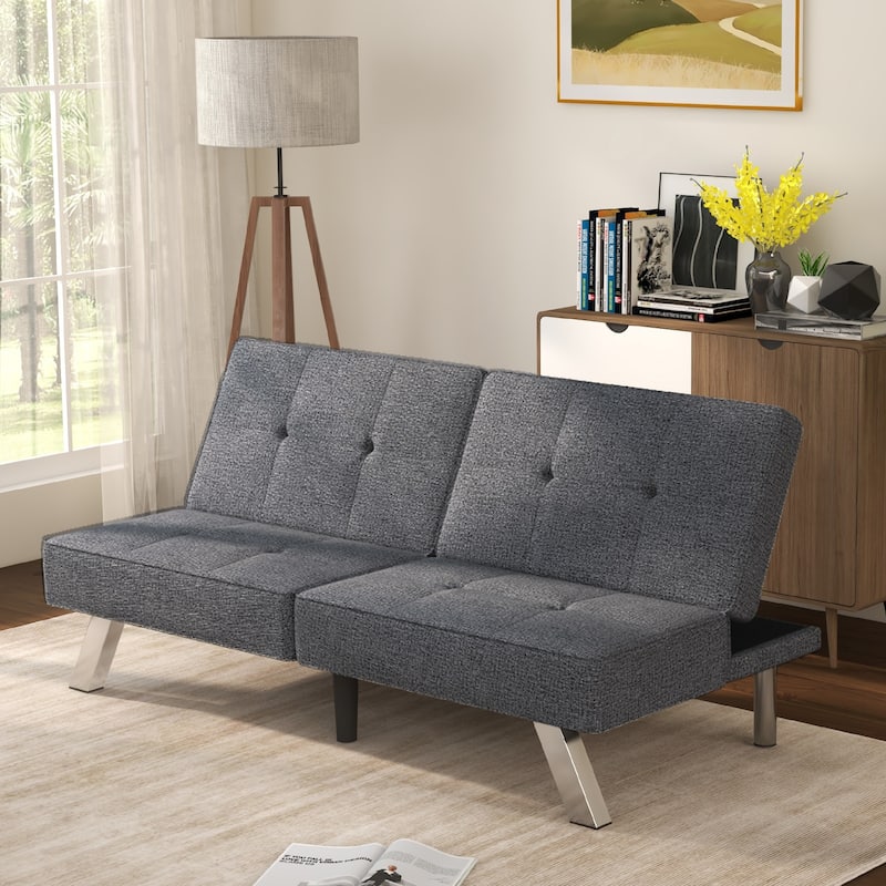 Modern Armless Loveseat Sofa Bed Chair Couch Wood Living Room with two Cushions - Dark Grey