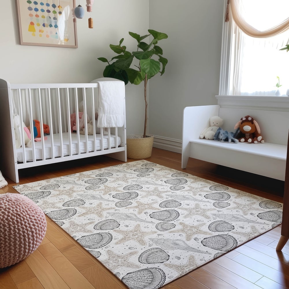 Premium Washable Super Soft Starfish Seashells Coastal Mayfield Rug