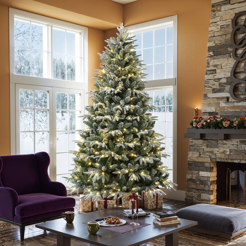 7Ft Pre-Lit Hinged Snow Flocked Fraser Fir Full Artificial Christmas Tree - 84" H x 47.2" Diameter