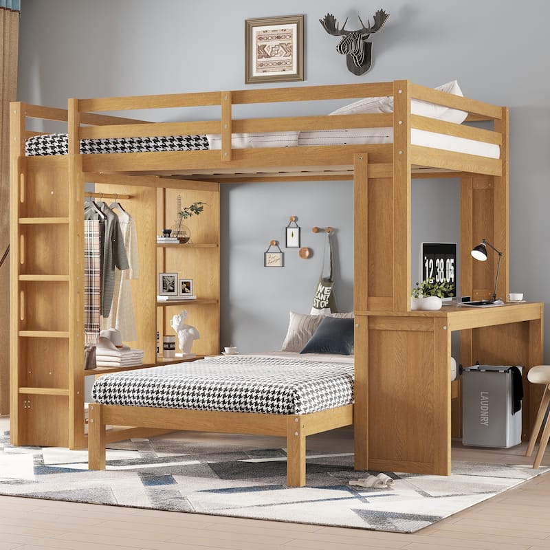 Queen Size Loft Bed & Twin Size Platform Bed Set, Wood Bunk Bed with Built-in Desk, Open Shelves and Wardrobe, Queen Over Twin - Natural - Queen