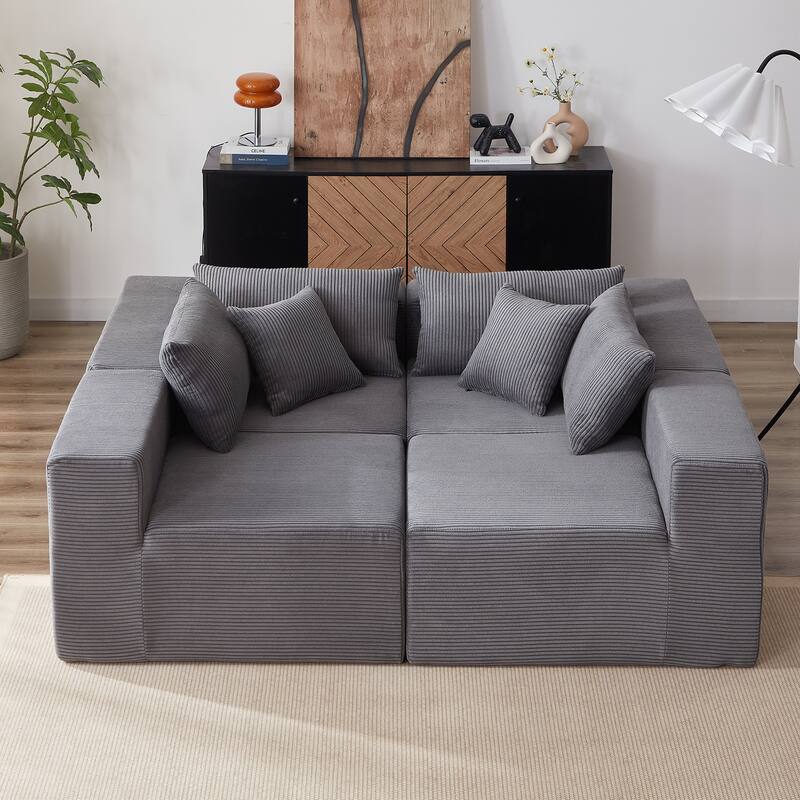 Corduroy Convertible Sectional Cloud Sofa, Foam-Filled Compressed Boneless Sofa, Modular L Shaped Floor 4 Seat Sofa