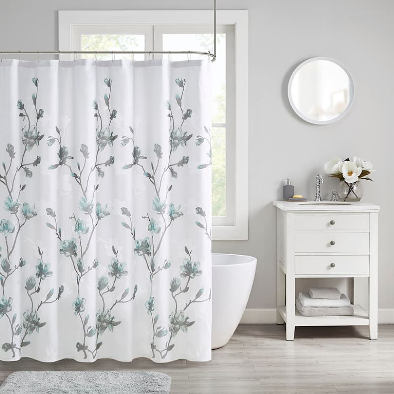 Floral Printed Burnout Shower Curtain - Aqua