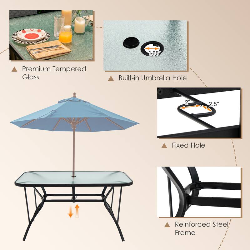 7PCS Patio Dining Set 6 Stackable Chairs Glass Table Umbrella Hole