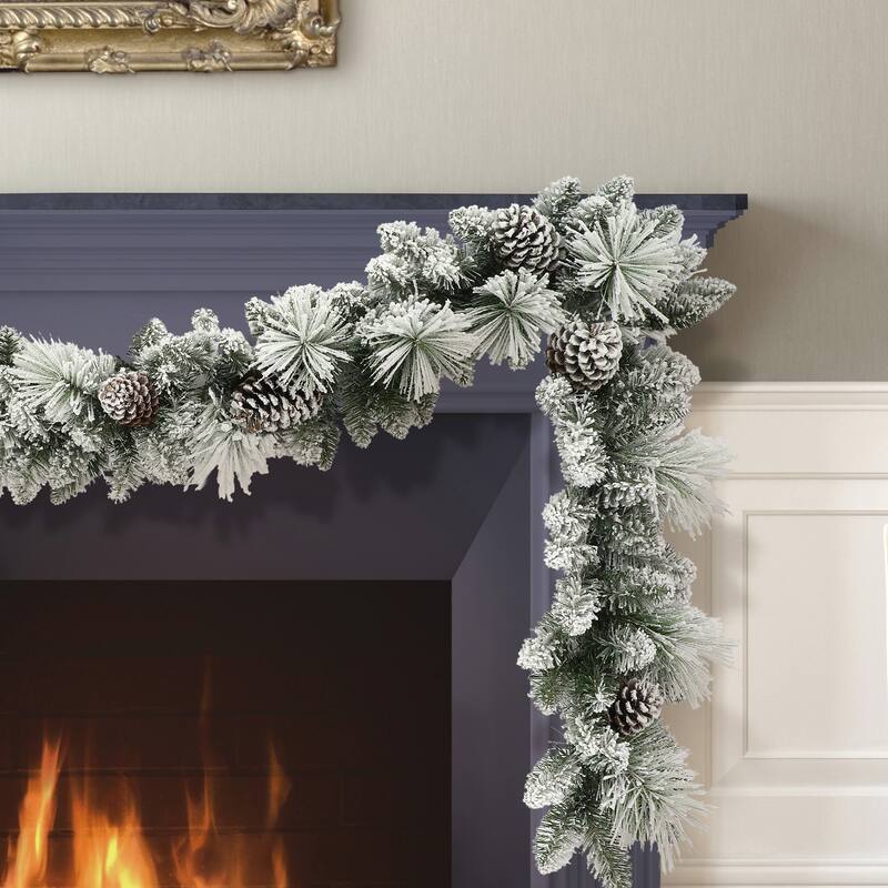 Puleo International 9 ft. x 10" Flocked Berkshire Spruce Garland