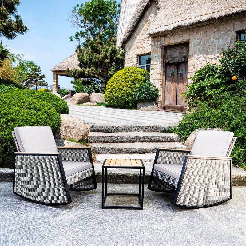 M4H Madrid Patio Rocking Chair Set with Solid Wood Table