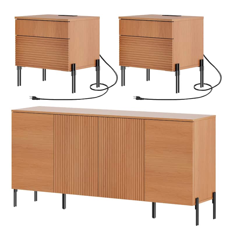WAMPAT 3-Piece Modern Bedroom Furniture Set, Includes Sideboard Buffet Cabinet, Set of 2 Night Stands, - Mocha