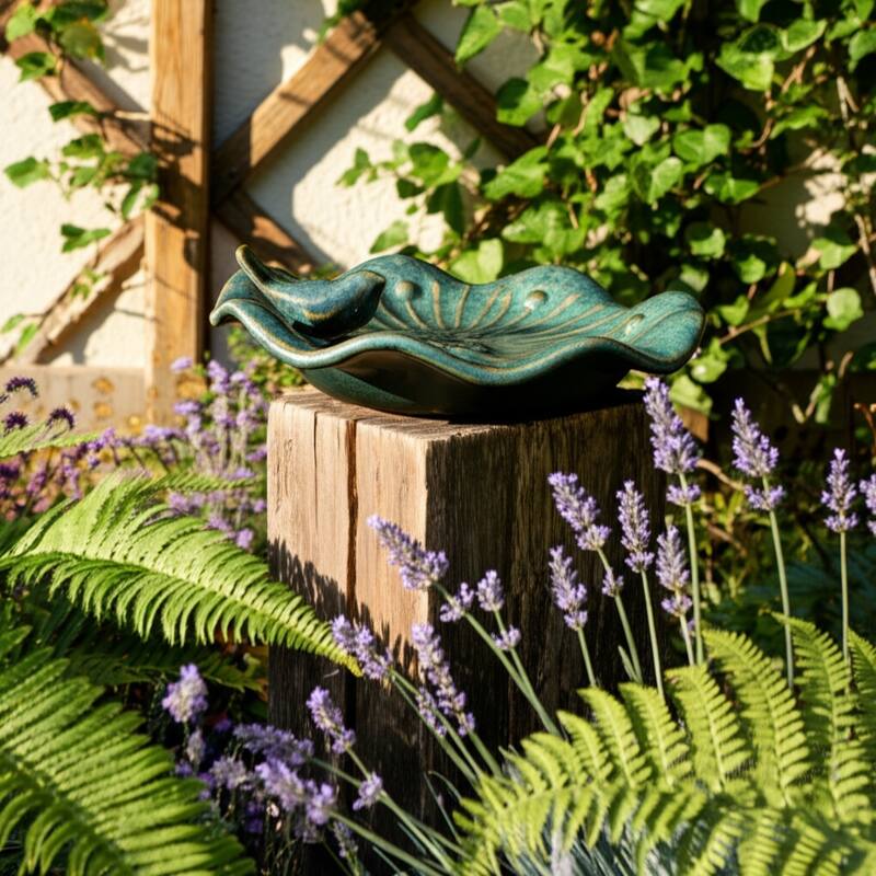 Stoneware Flower Birdbath Perched Bird in Glaze Finish - 10" Green - 10" x 10" x 2"