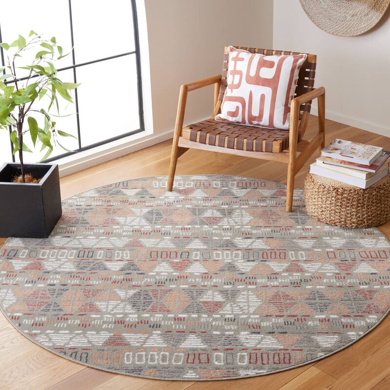 SAFAVIEH Pyramid Malissie Boho Geometric Rug - 6'7" Round - Grey/Ivory/Rust