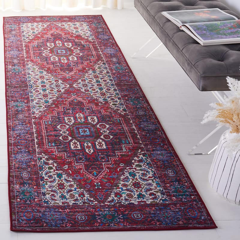 SAFAVIEH Tucson Machine Washable Slip Resistant Heide Oriental Rug - 2'6" x 8' Runner - Red/Blue