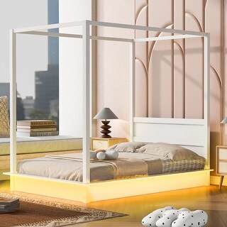 Full Size Wood LED Canopy Bed, Platform bed With Support Slats, White