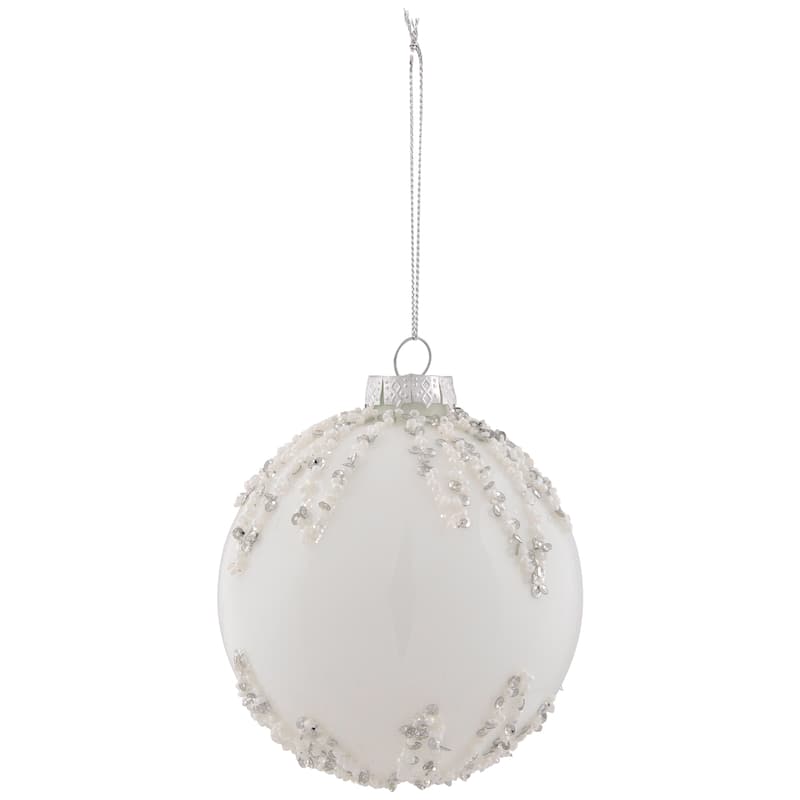 Sequin Beaded Christmas Glass Ball Ornament - 4" - White