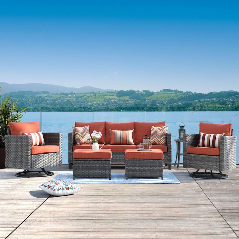 OVIOS 6-piece Patio Wicker Conversation Sofa Set with Swivel Rocking Chairs - Red/Orange
