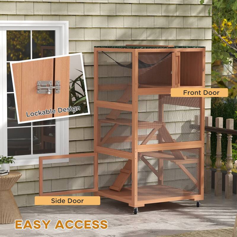 PawHut Catio, Outdoor Cat Enclosure House, Wooden Feral Cat Shelter on Wheels, Cat Cage with Hammock, Platforms Ramps