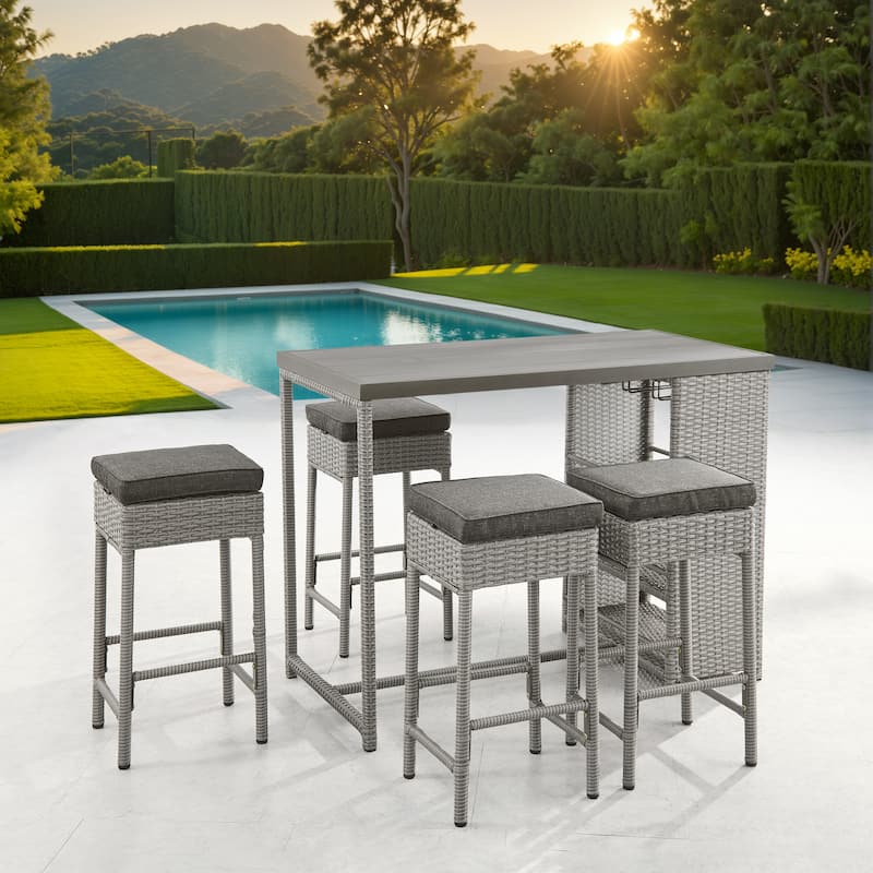 Corvus Kabul 5-piece Outdoor Bar Set with Cushioned Stools and Storage Shelf