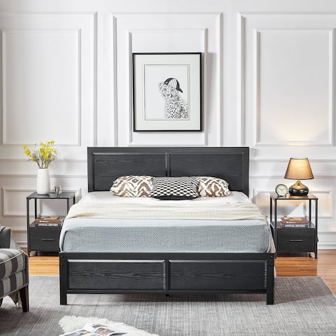 Bedroom Set of 3 Wood Headboard Platform Bed Frame Set of 2 Nightstands with Charging Station USB Port