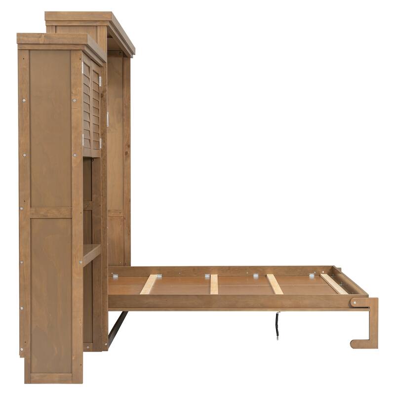 Queen Size Hydraulic Lift Murphy Bed Solid Wood Wall Bed Frame, Storage Murphy Cabinet Bed with Desk, No Box Spring Needed
