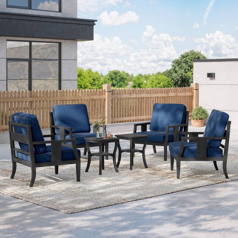 6-piece Outdoor Teak Seating Set Club Chairs with Cushions - Blackframe-Navy - Black Frame