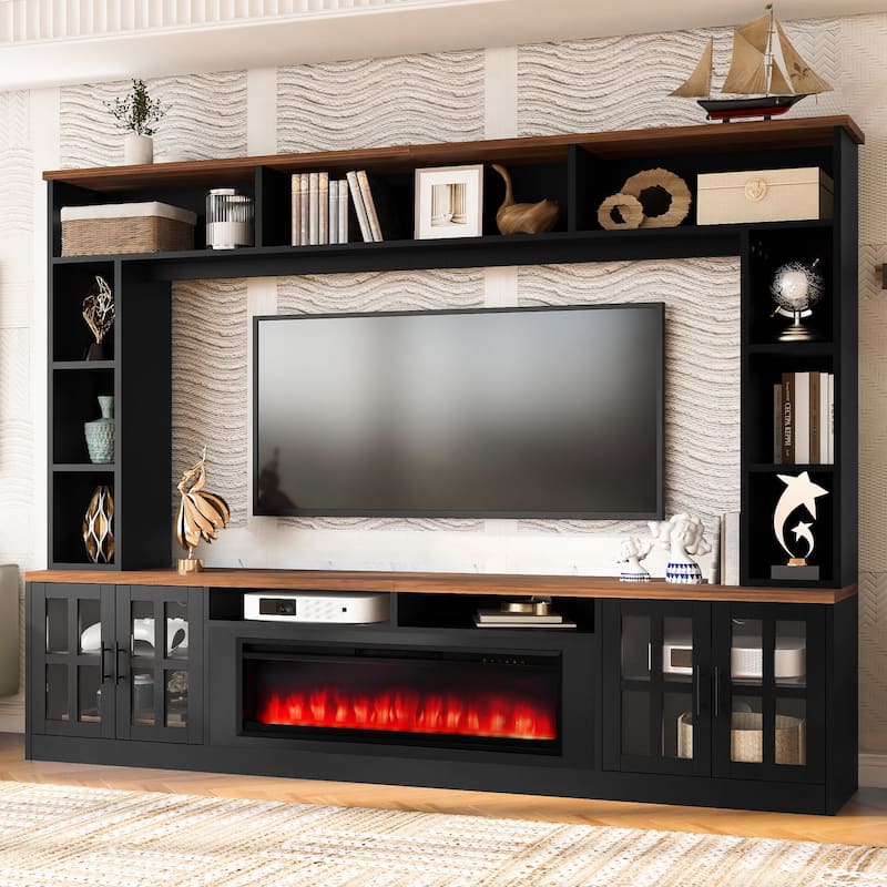 95.5" W Wall Unit Entertainment Center with Bookshelves for TVs up to 80", Modern TV Stand Media Console - Black+Brown