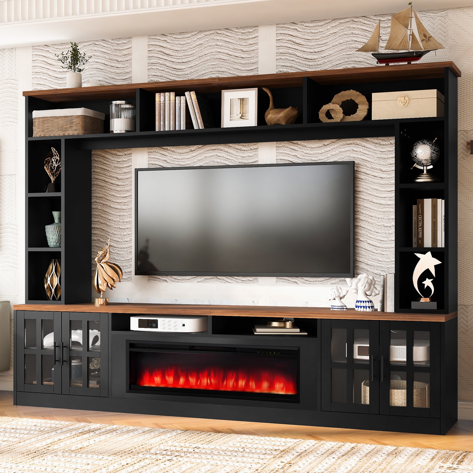 95.5"W Wall Unit Entertainment Center with Bookshelves for TVs up to 80",with Electric Fireplace Cabinets and Adjustable Shelves