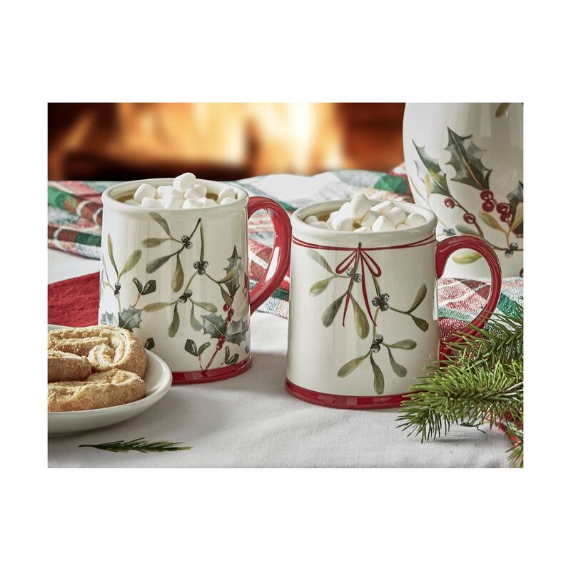 Kisses Under The Mistletoe Ceramic Mug 18oz Christmas Drinkware Red Dishwasher Safe 4.75in H x 3.75in Dia