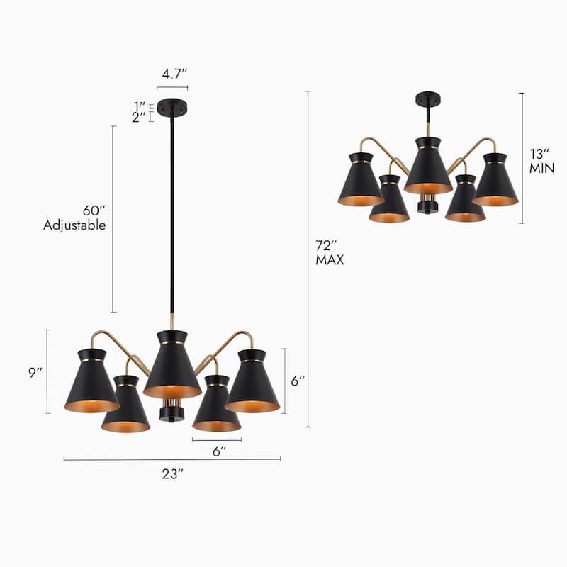 Modern Farmhouse 5-Light Black Gold Chandelier Pendant Light with Metal Shades - 23" D x 9" H