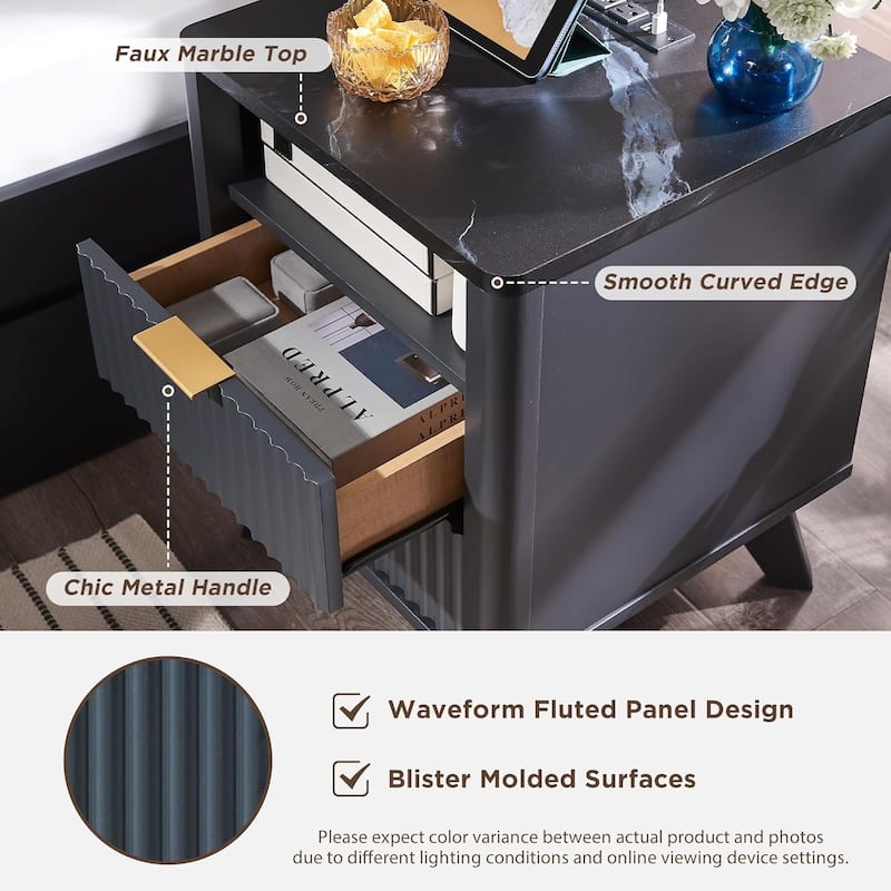 Modern Minimalist Side Table, Fluted Nighstand End Table for Bedroom