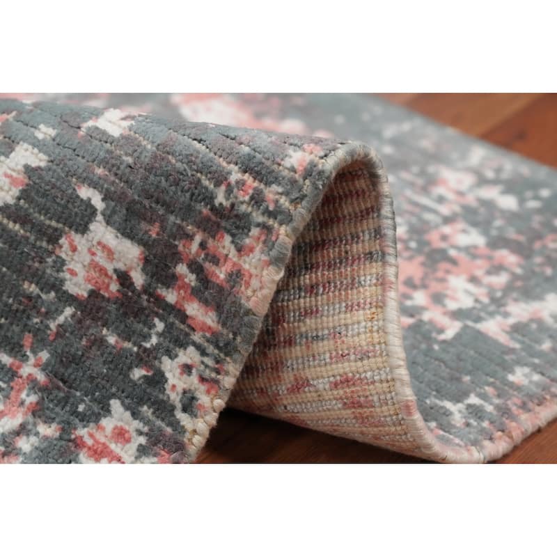 Hand Knotted Oriental Viscose Silk Carpet Modern All-Over Pink Abstract Area Rug - 4' 0'' X 2' 0''
