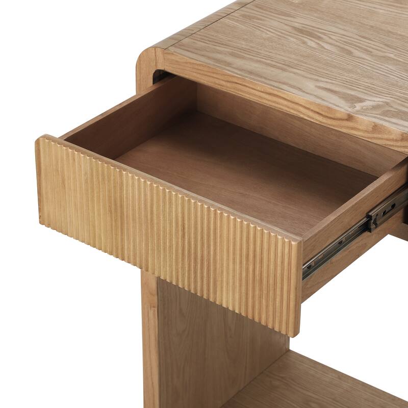 Round Edge Design Modern Console Table with 3 Drawers Vertical Slats