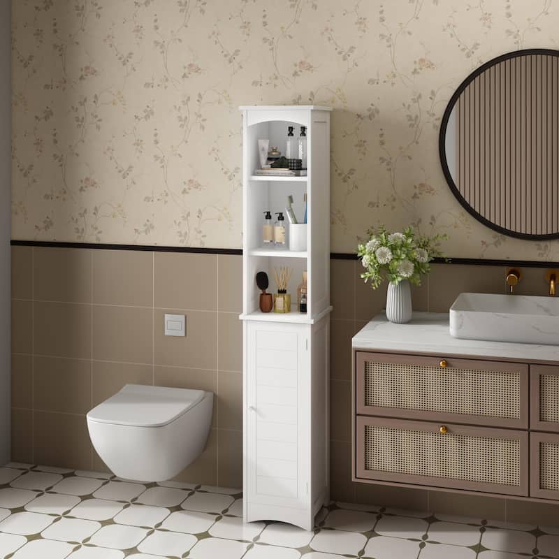 64.17"Tall Bathroom Storage Cabinet with Adjustable Shelves,Slim 1 Doors Freestanding Cabinet with Anti-Tip, Open compartments