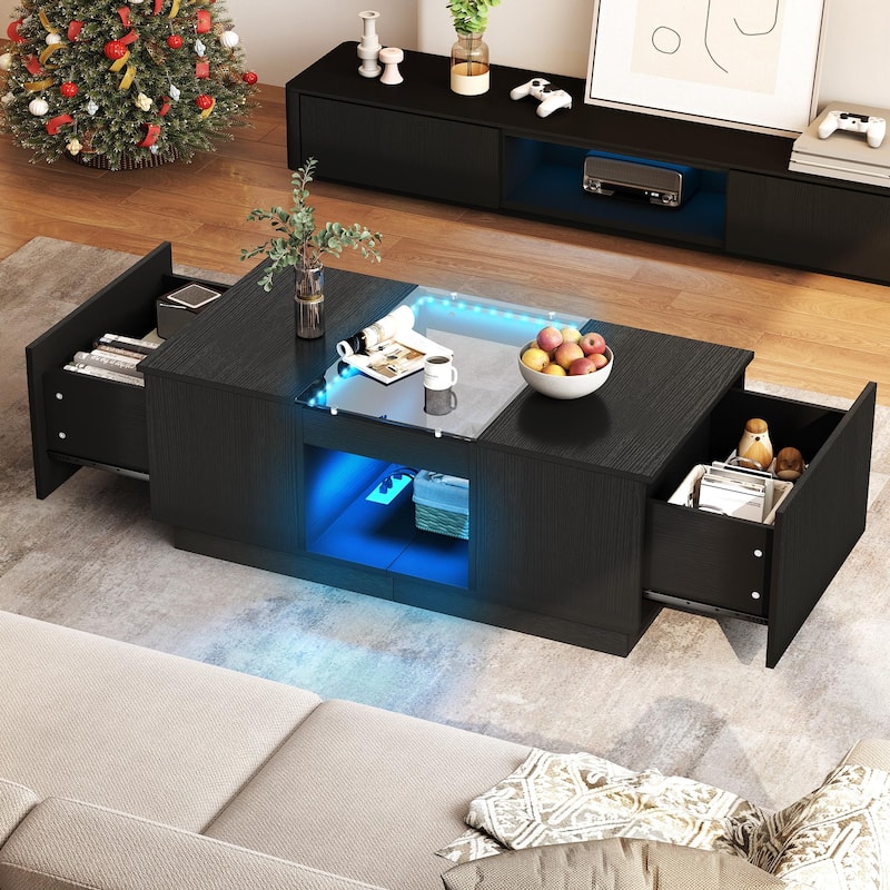 Modern Wood Coffee Table with Storage Drawers and LED Lighting
