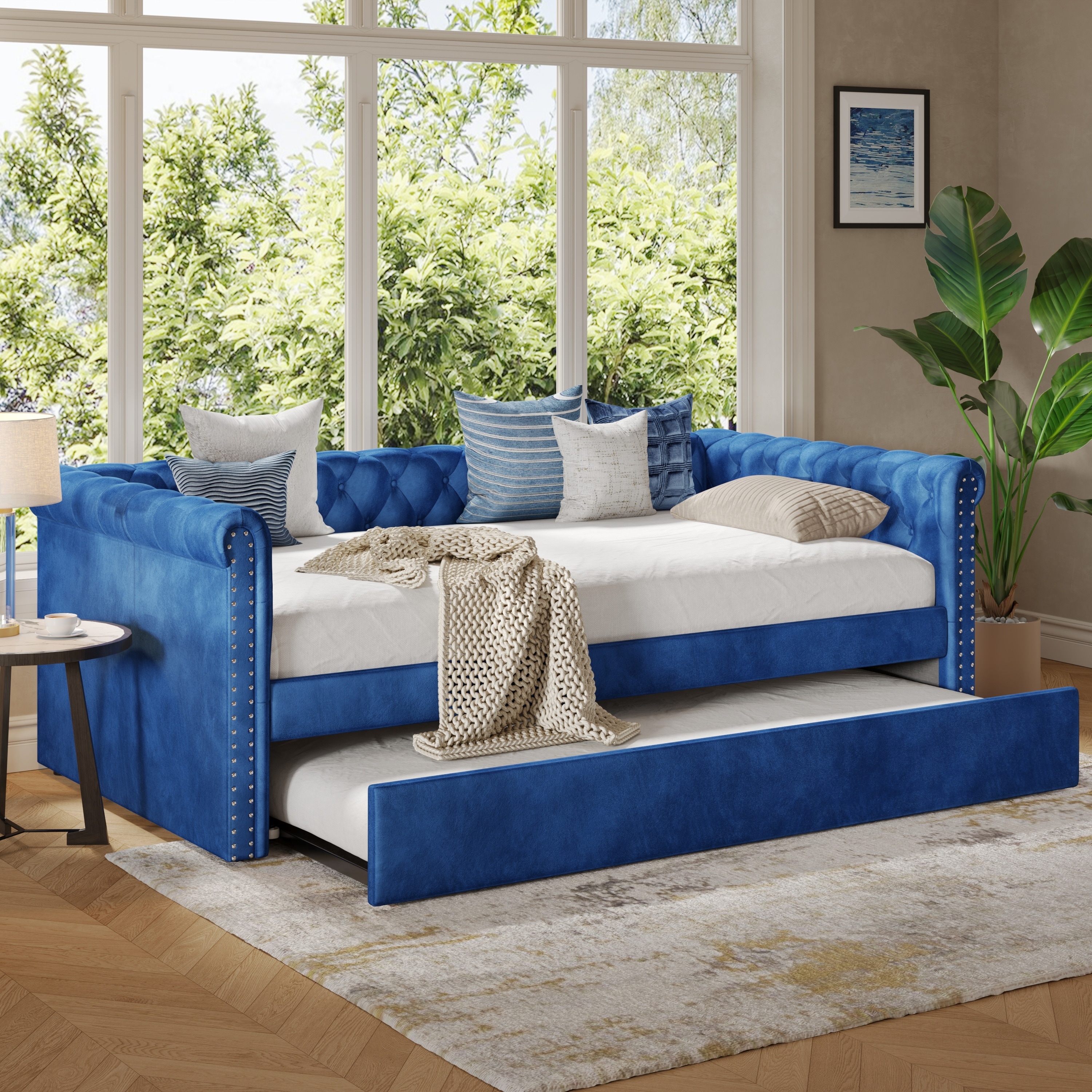 Christopher Knight Home - Serrano Classic Daybed, Button-Tufted Velvet Upholstered Backrest, Pull-Out Trundle & Curved Armrests