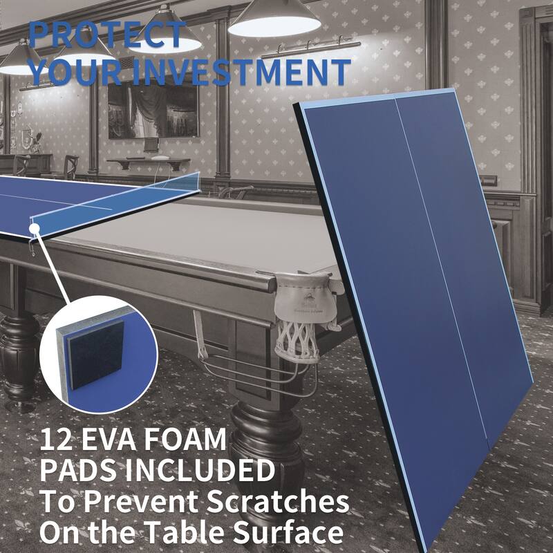 108”L x 60”W Blue Foldable Table Tennis Conversion Top with Net and EVA Foam Pads - 108”L x 60”W