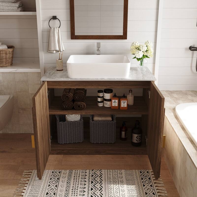 36" Mid - Century Modern Bathroom Vanity With Single Sink Grille Door & Gold Accents