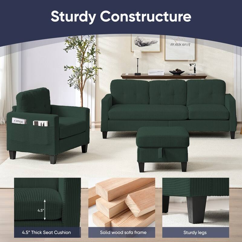 Mixoy 76'' L-Shaped Sofa Set,Corduroy Sectional Sofa,Mid Century 3-Seater Sofa with Storage Ottoman/Loveseat/Single Sofa