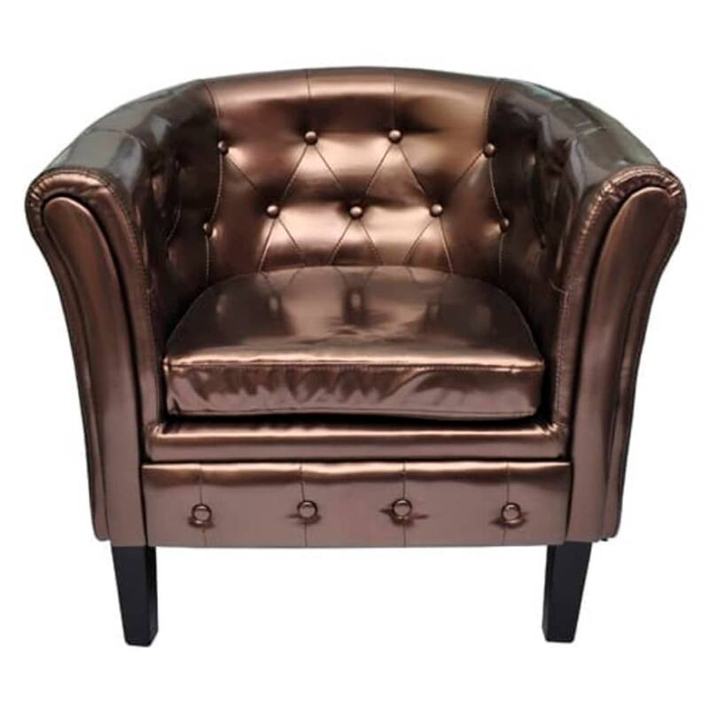 Deina Armchair, Tufted Shiny Brown Faux Leather, Black Wood Legs