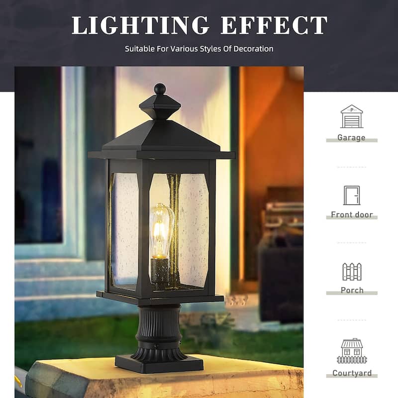 21" Black Farmhouse Post Light - Die-Cast Aluminum with Seeded Glass - Large
