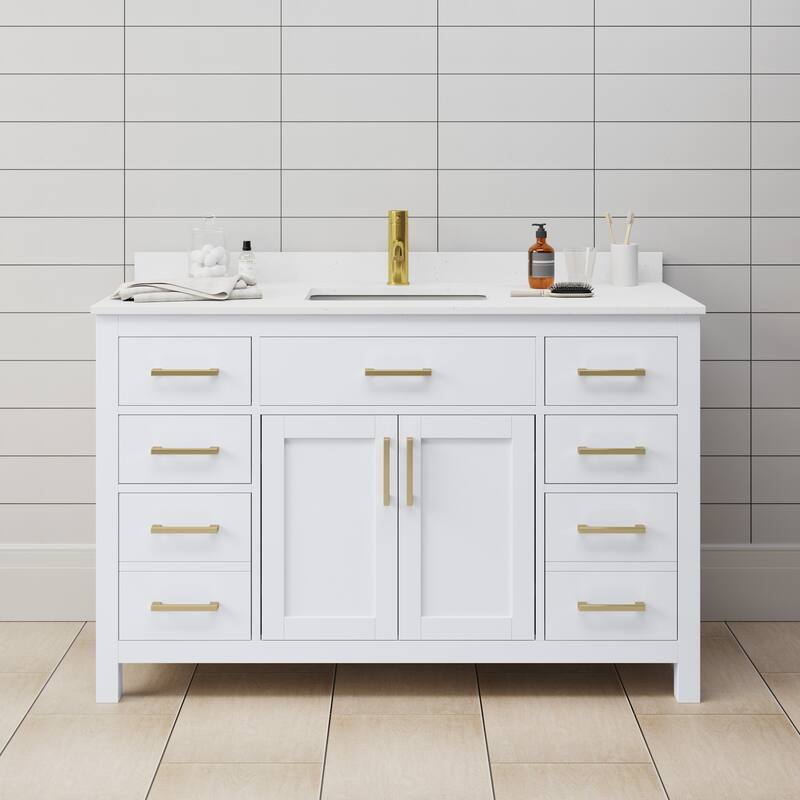 Wyndham Collection Beckett 54" Free Standing Single Basin Vanity Set - White / White Cultured Marble Top / Brushed Gold