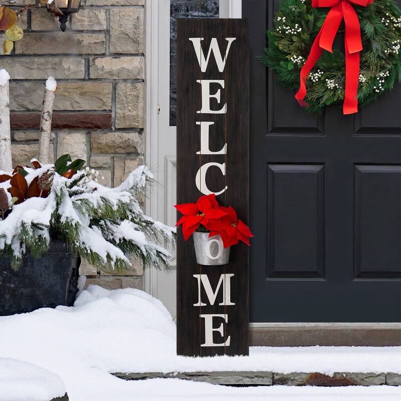 Glitzhome 42-inch Wooden Welcome Porch Sign Wall Decor with Metal Planter