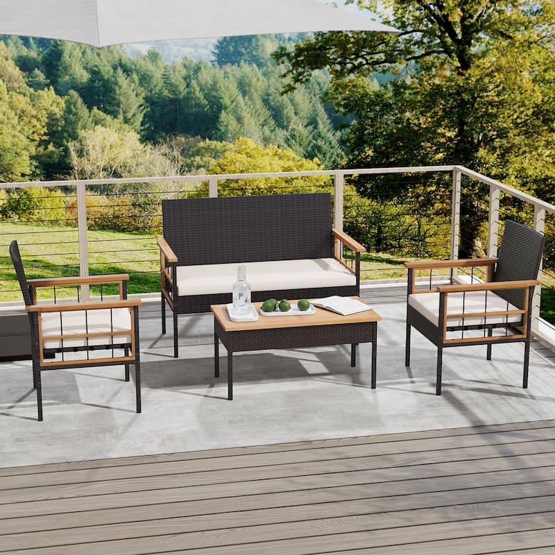 Gymax Set of 8 Wicker Furniture Set w/Acacia Wood Tabletop Armrests