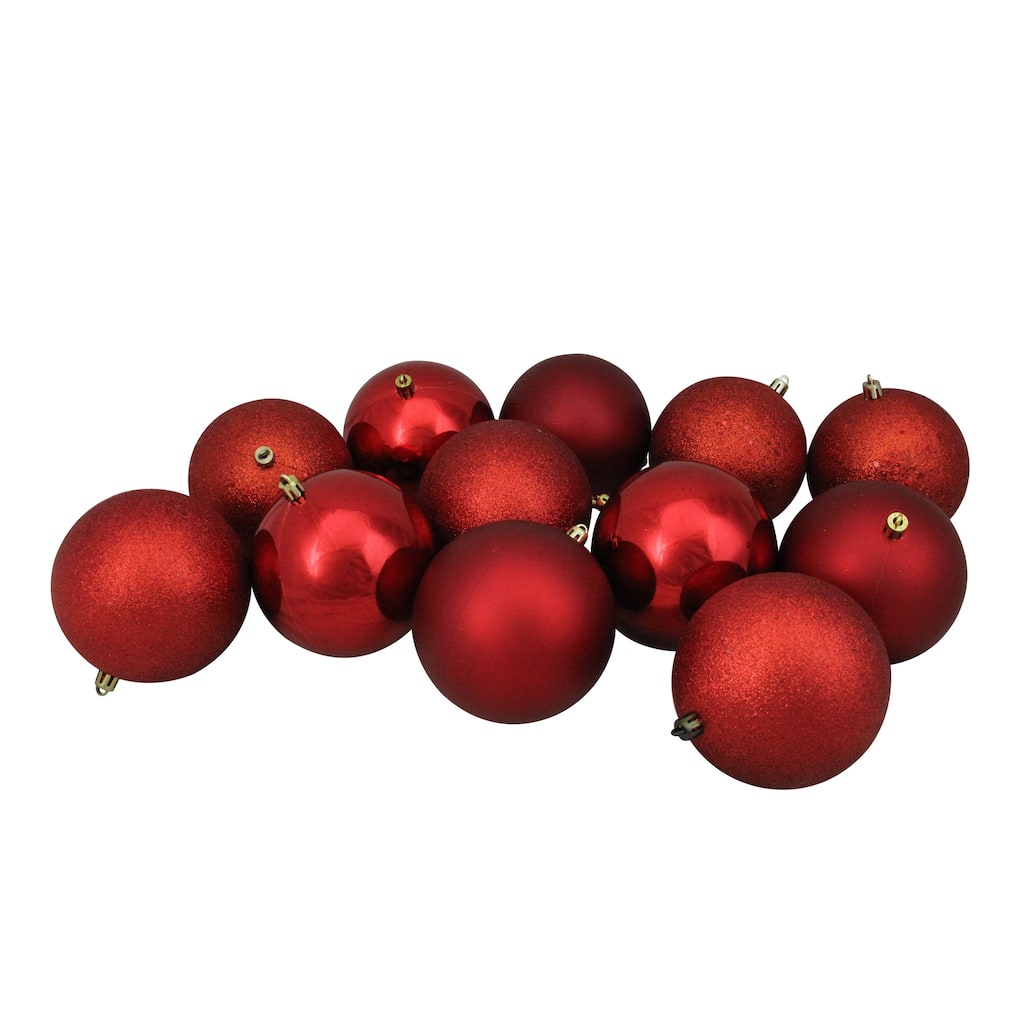 Shatterproof 4-Finish Christmas Ball Ornaments - 4" (100mm) - Red - 12ct