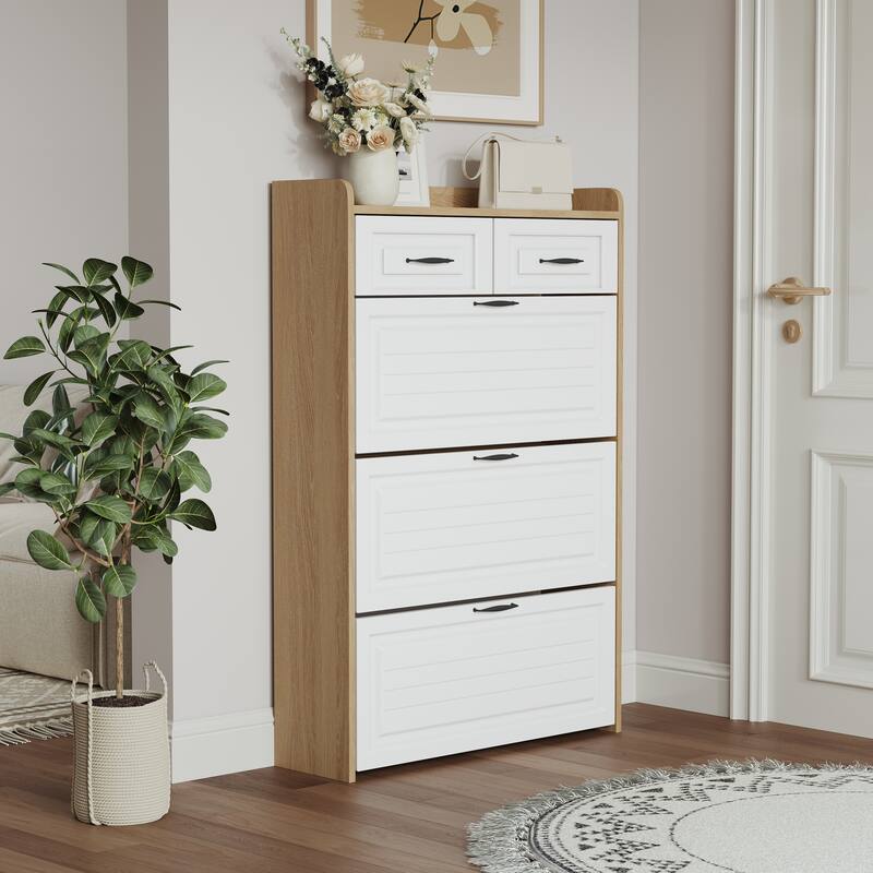 Shoe Cabinet with 3 Flip Drawers & 2 Drawers, Wooden Narrow Shoe Storage Cabinet, Freestanding Entryway Shoe Rack Organizer - White