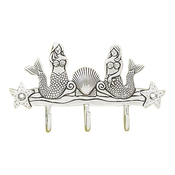 Nautical Pewter Mermaid Triple Key Hook Wall Rack